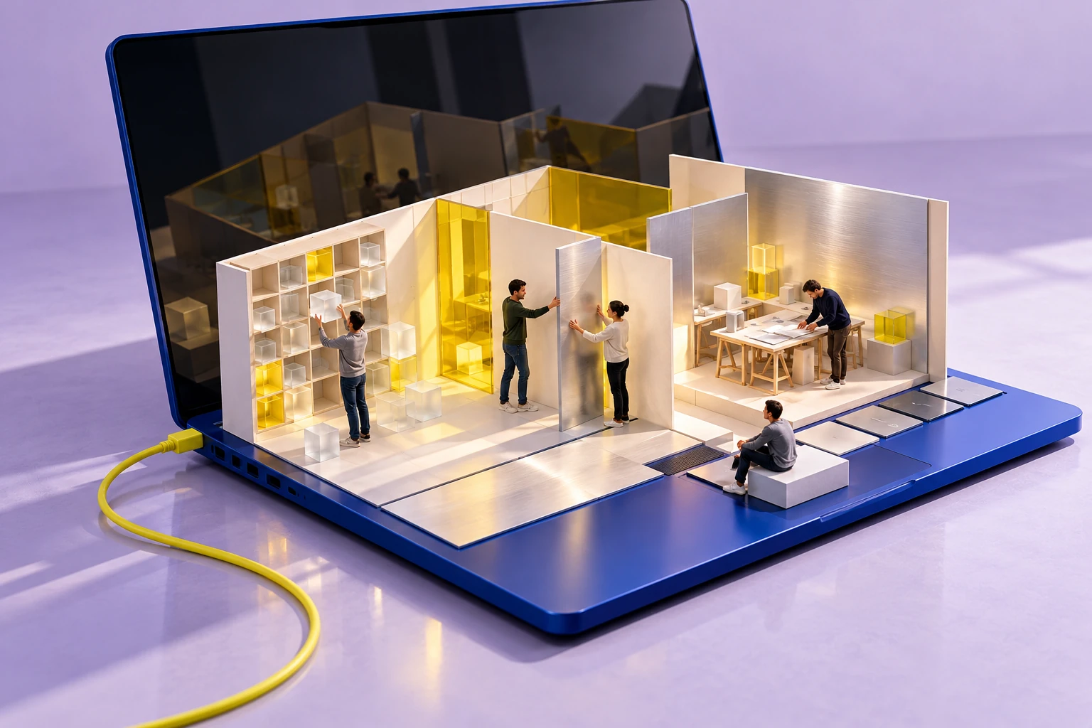 Miniature people assemble rooms, shelving and work surfaces inside a giant cobalt laptop that unfolds into a workshop.