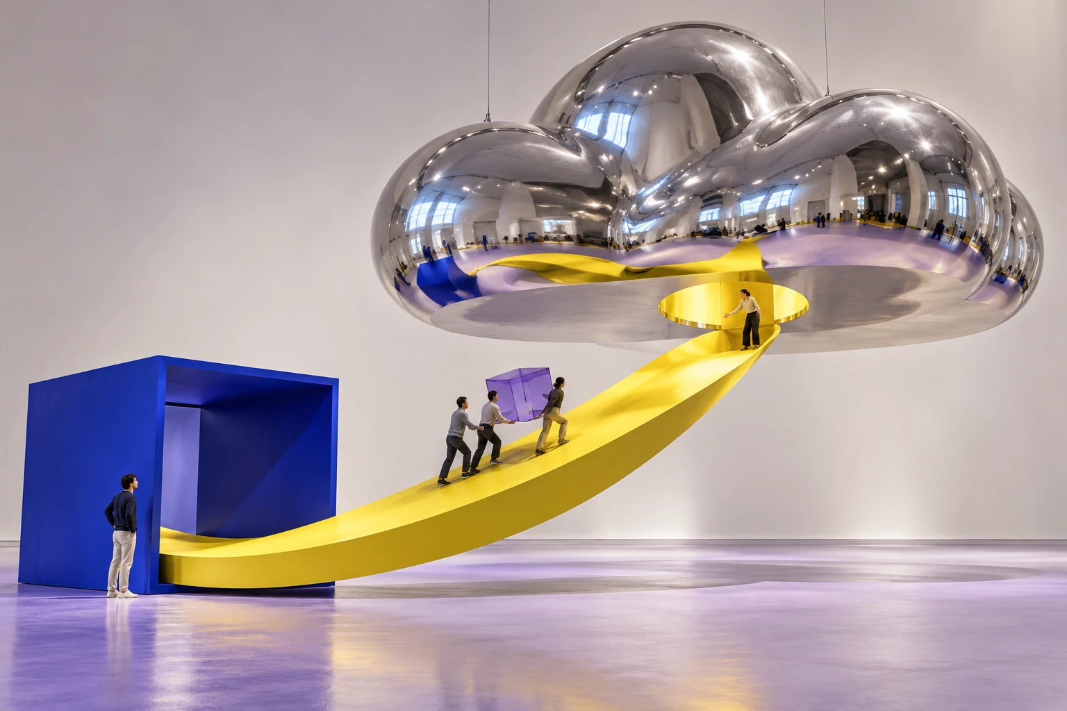 Tiny people carry a translucent cube up a yellow ramp into a suspended chrome cloud sculpture.