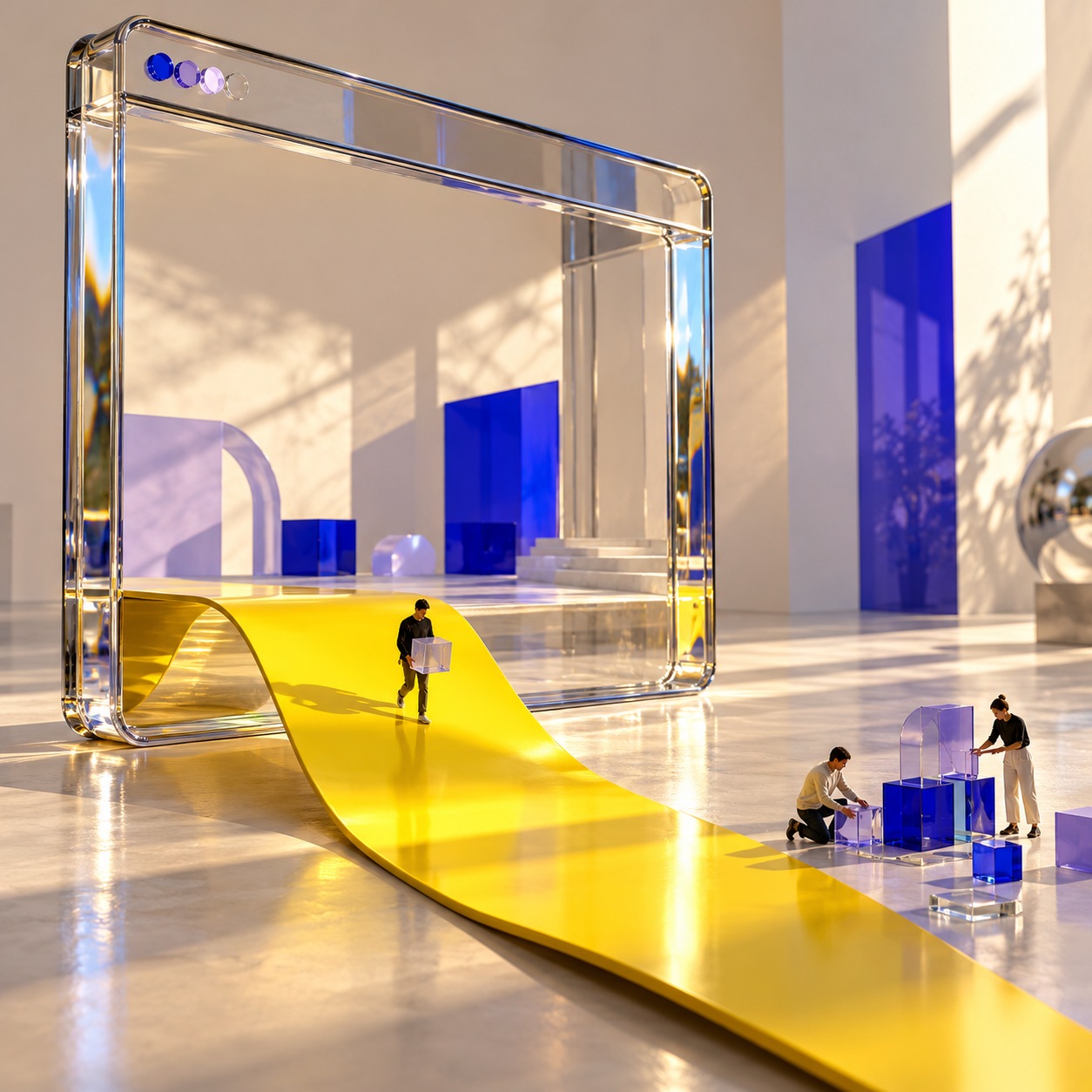 Tiny people carry and assemble glass blocks outside a monumental transparent browser frame, reached by a yellow ribbon ramp.