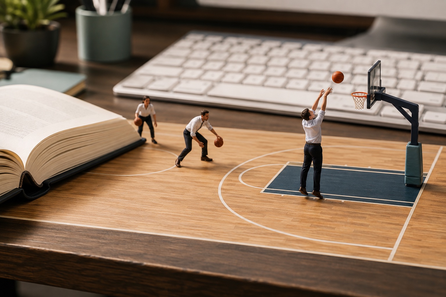 Miniature businesspeople practising basketball on a desktop court beside a large open instruction book and keyboard