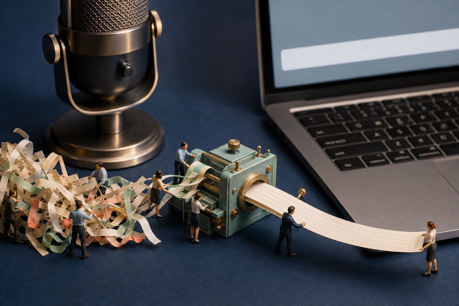 Miniature workers guiding tangled dictated thoughts through a machine that produces one clean instruction for a laptop