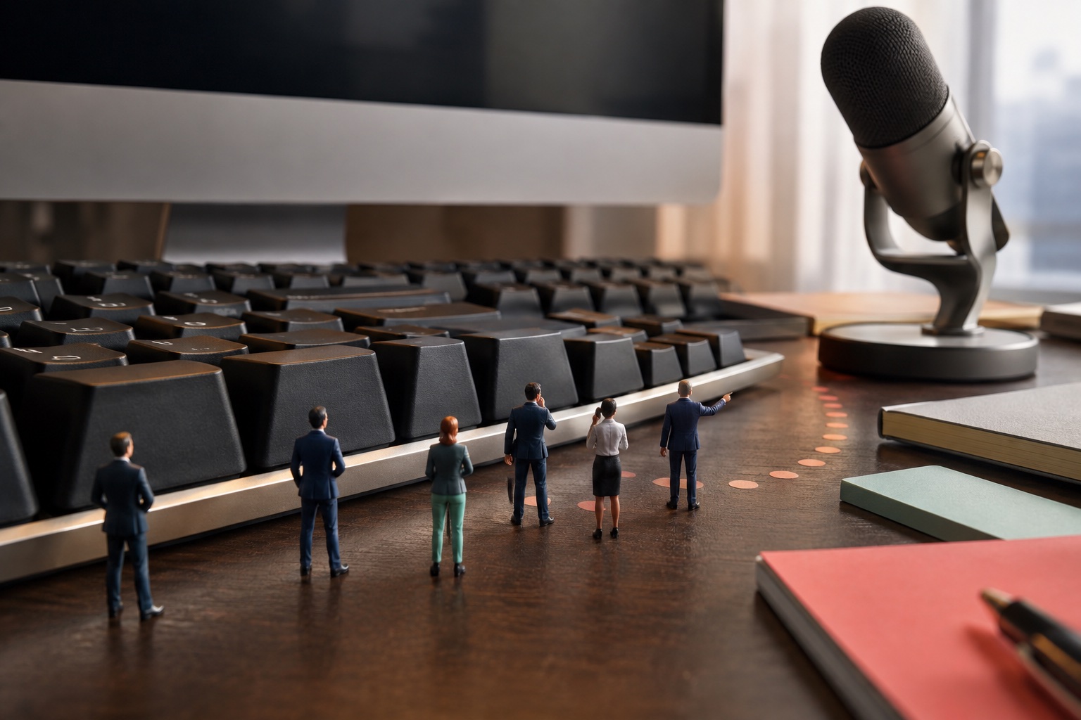 Miniature businesspeople choosing a direct path to a large microphone instead of crossing an enormous computer keyboard