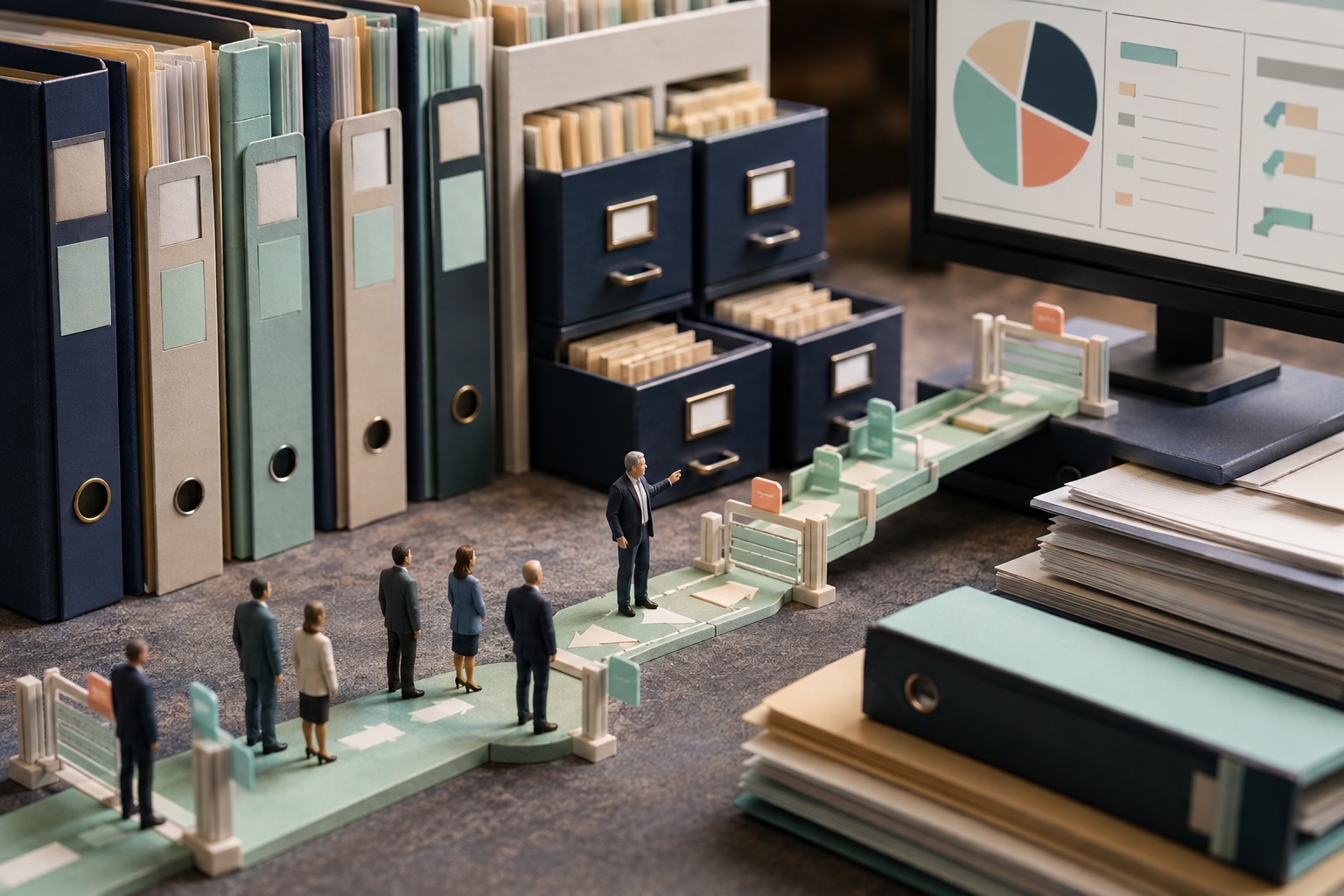 Miniature executive and employees connecting an organized archive of company binders and files to an AI work screen through permission gates