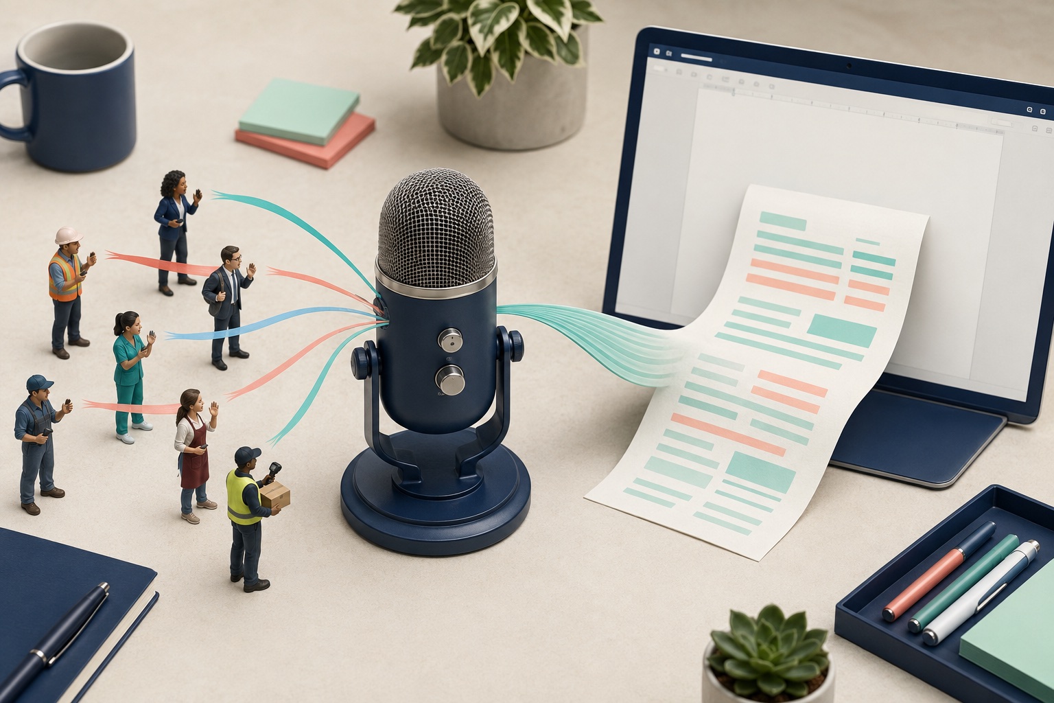 Miniature office, retail and warehouse employees speaking through one large microphone into organized written work