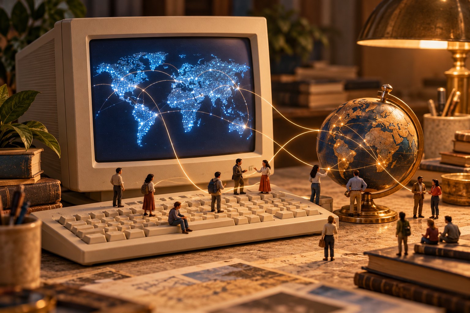 Conceptual miniature people around a beige desktop computer and globe, connected by light paths representing early internet conversations.