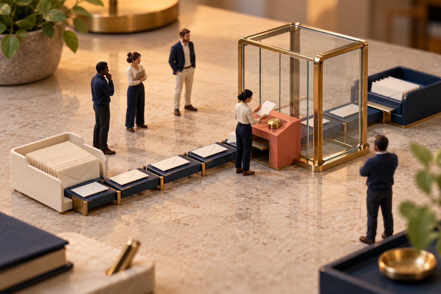 Conceptual miniature reviewer examining an envelope at a manual checkpoint before messages move to an outgoing tray.