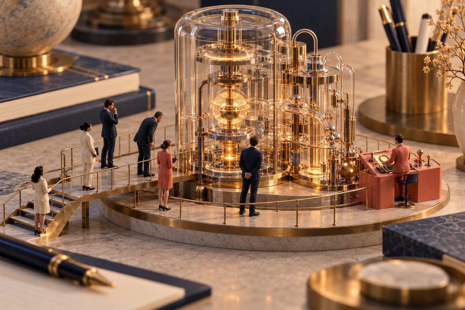 Conceptual miniature scene of people inspecting a glass-and-brass mechanism while a human operates a coral control console.