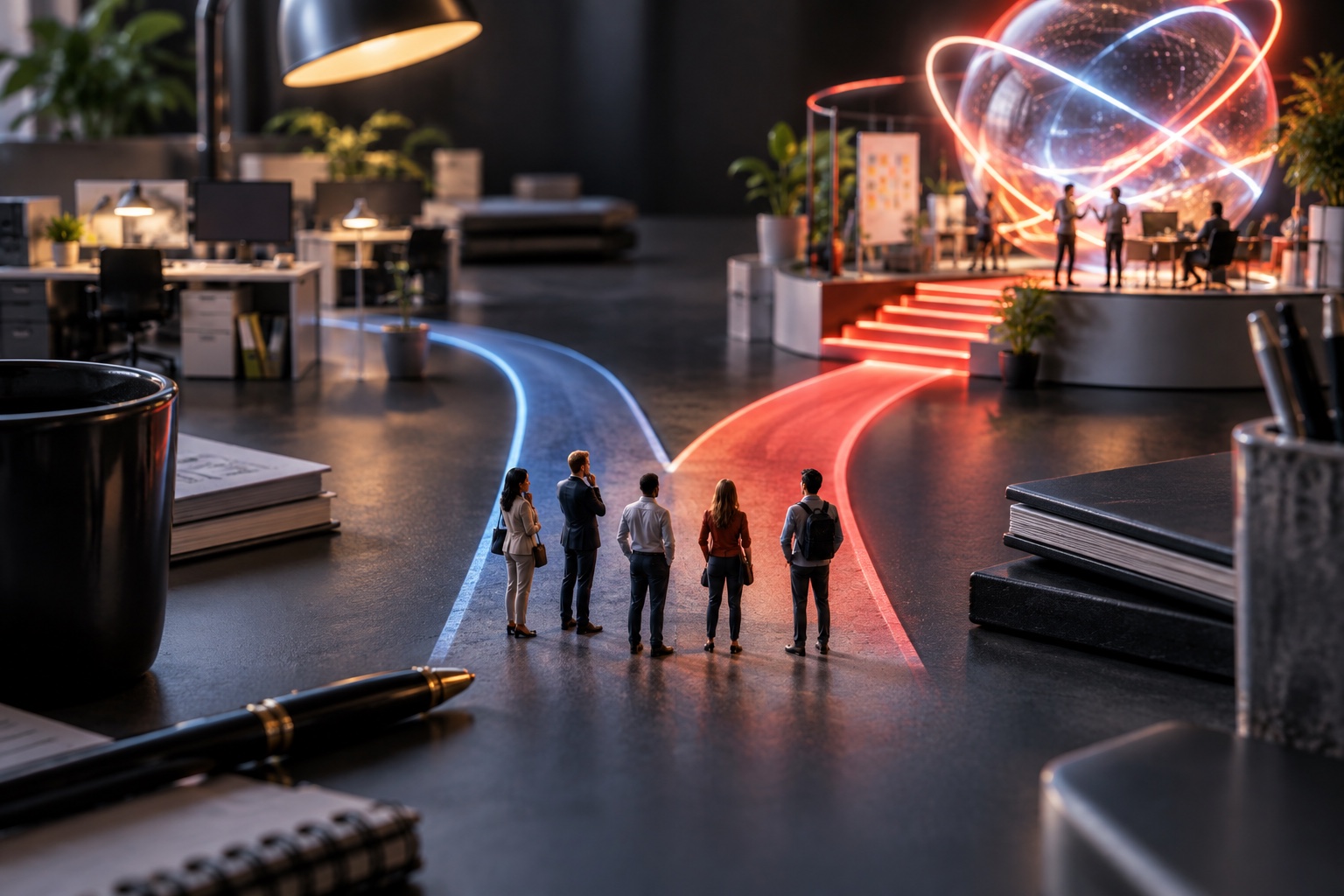 Miniature workers choosing between an unchanged office path and an evolving AI-assisted workplace