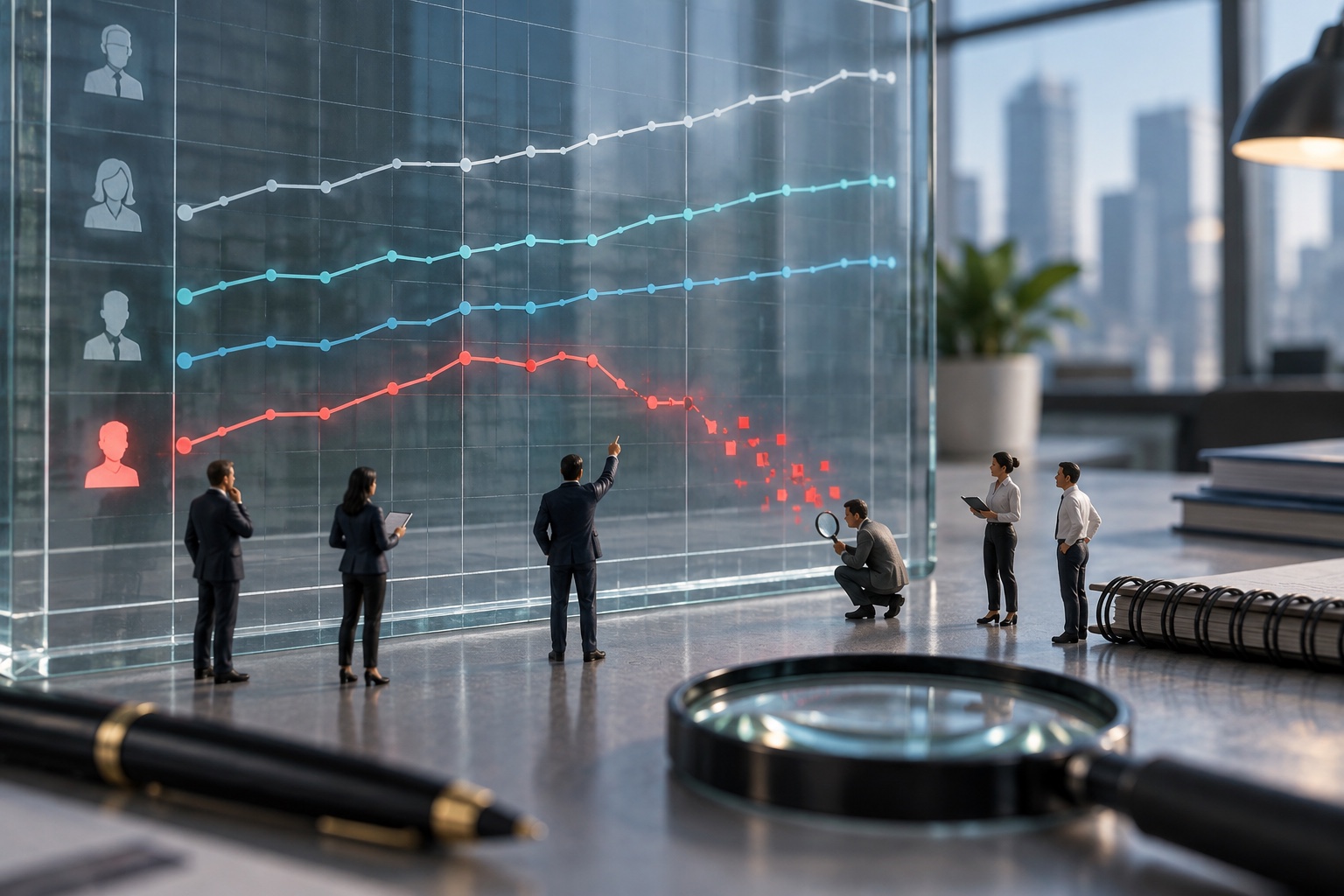 Miniature analysts inspecting a large employment chart where one trend line begins breaking into red digital fragments