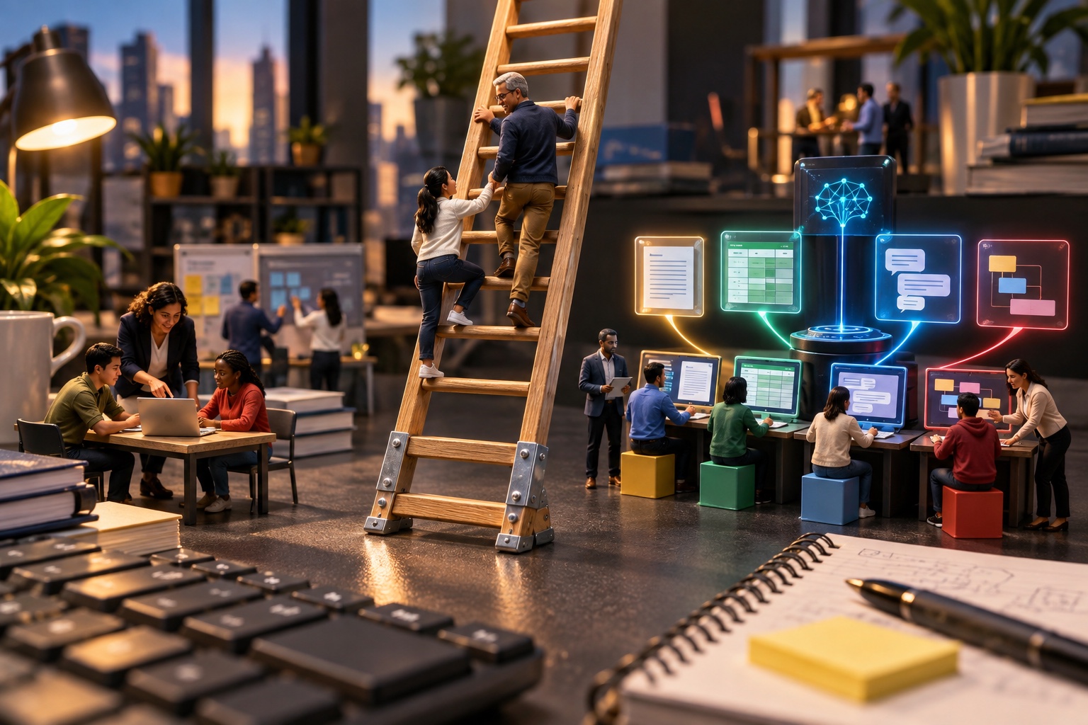 Miniature junior and senior employees climbing a reinforced career ladder beside supervised AI training stations