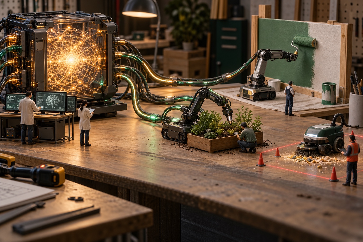 Miniature technicians supervising an AI system connected to painting, gardening and cleaning robots in a workshop