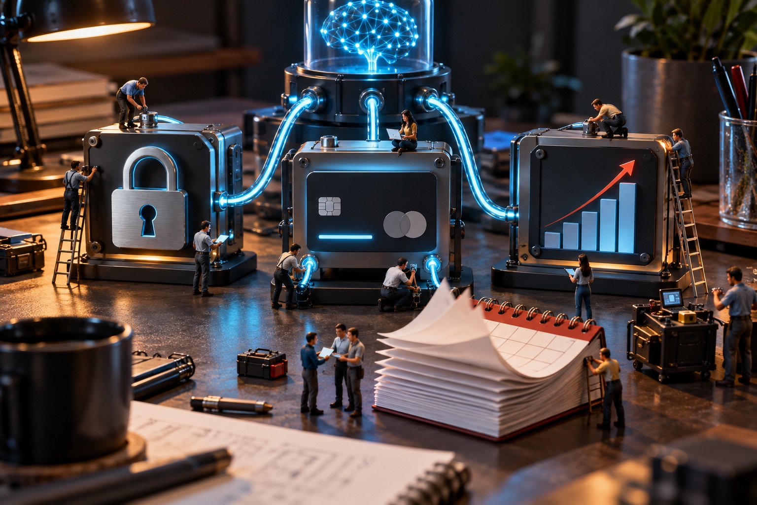 Miniature developers connecting large security, payment and analytics modules to an AI-assisted software workbench