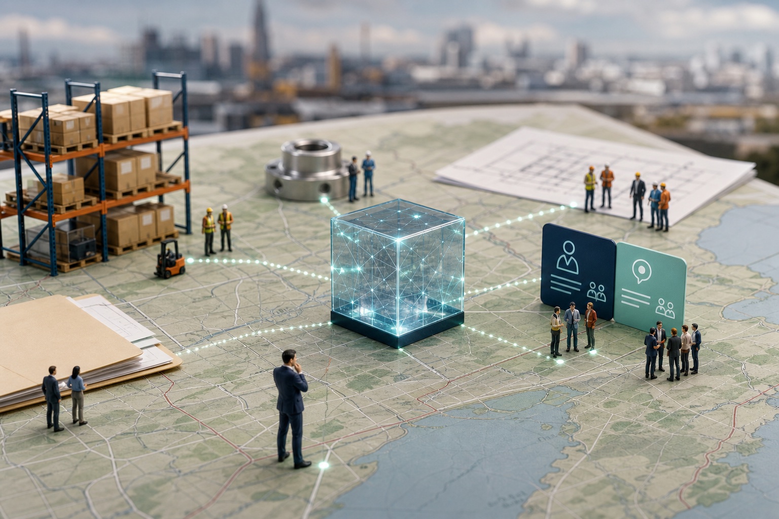 Tiny Brampton teams connecting an illuminated AI cube among logistics, construction and multilingual customer information