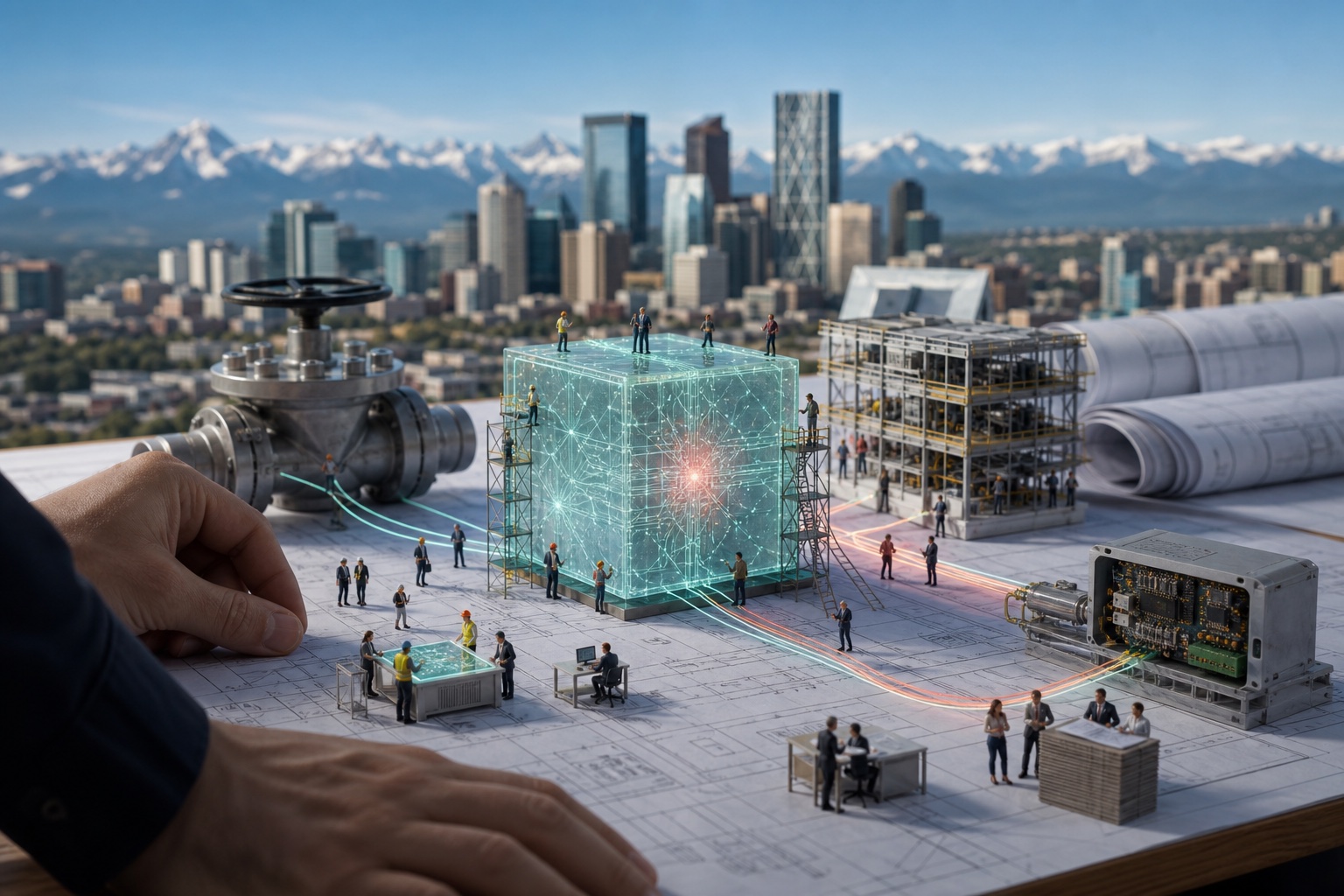 Tiny Calgary business and engineering teams working around an illuminated AI cube on a giant project blueprint