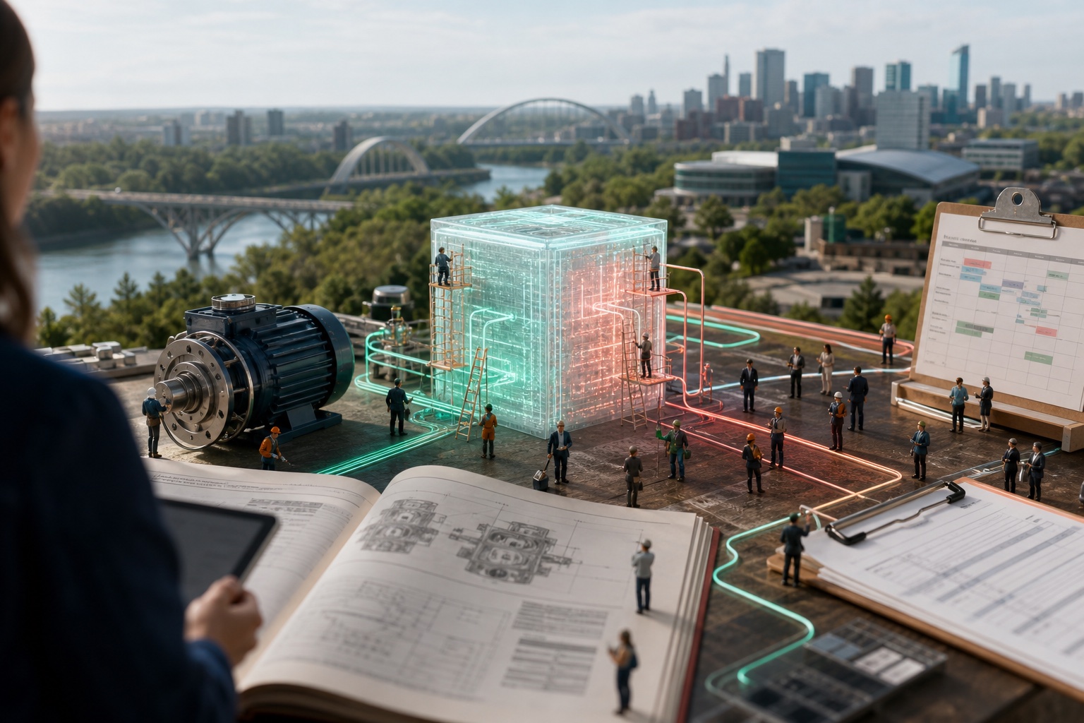 Tiny Edmonton field service and office teams connecting an illuminated AI cube to equipment records and schedules above the river valley