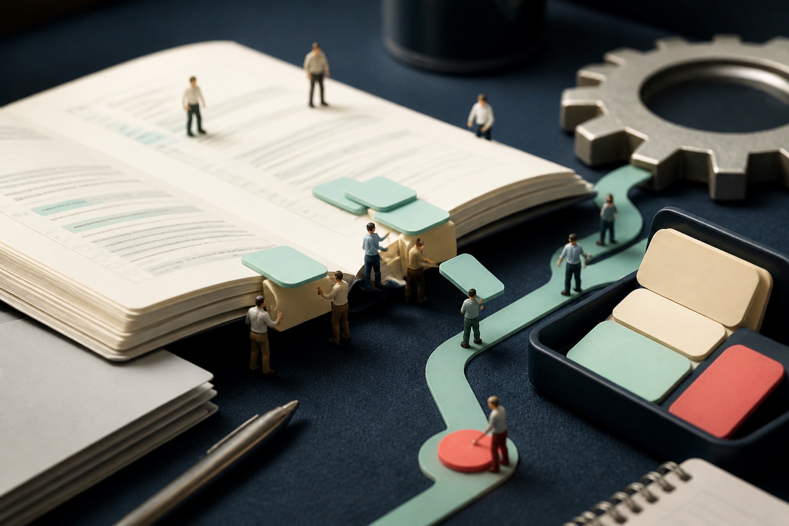 Tiny knowledge workers organizing a giant service manual and approved information