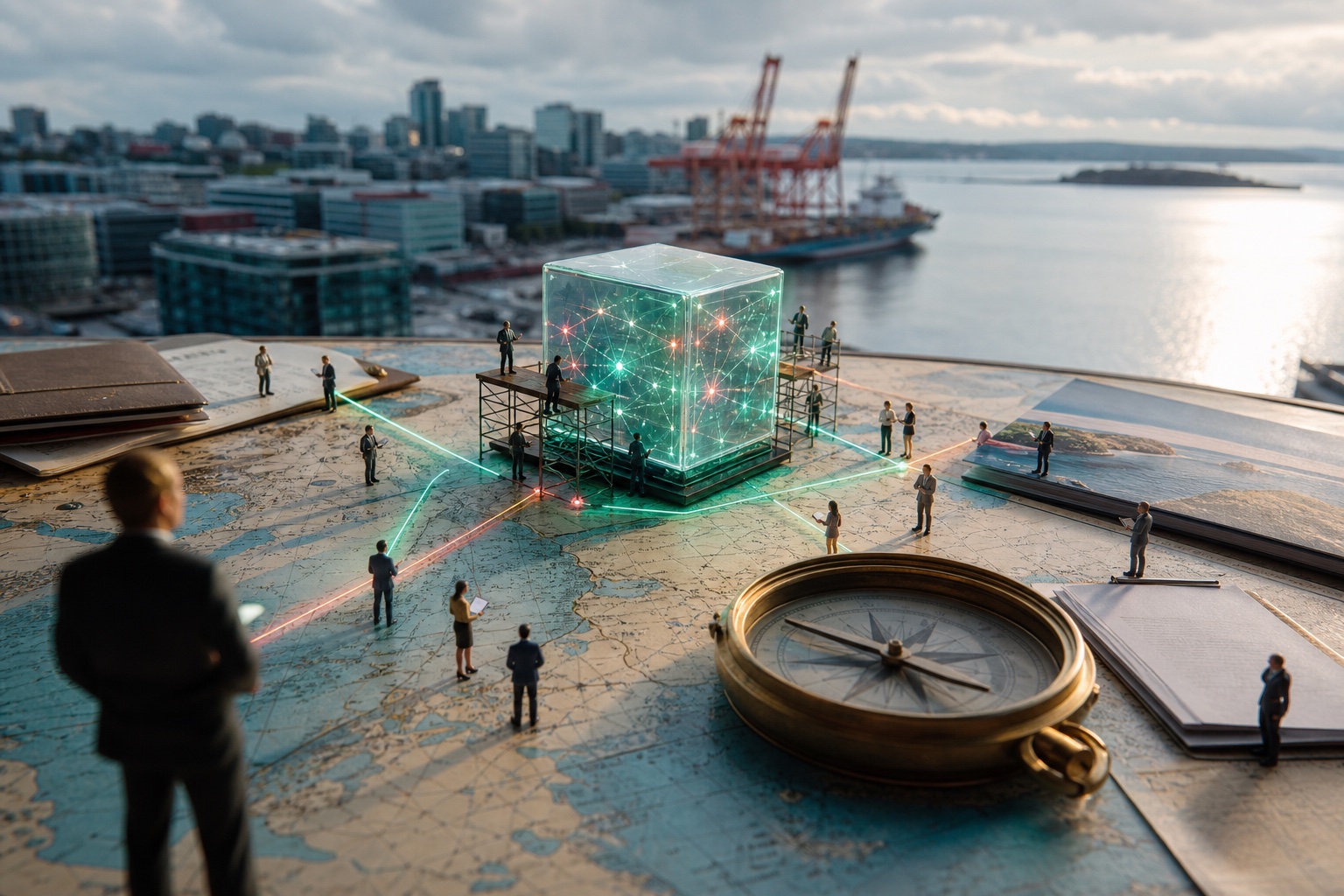 Tiny Halifax business teams connecting an illuminated AI cube across a harbour chart beside a giant compass and shipping documents