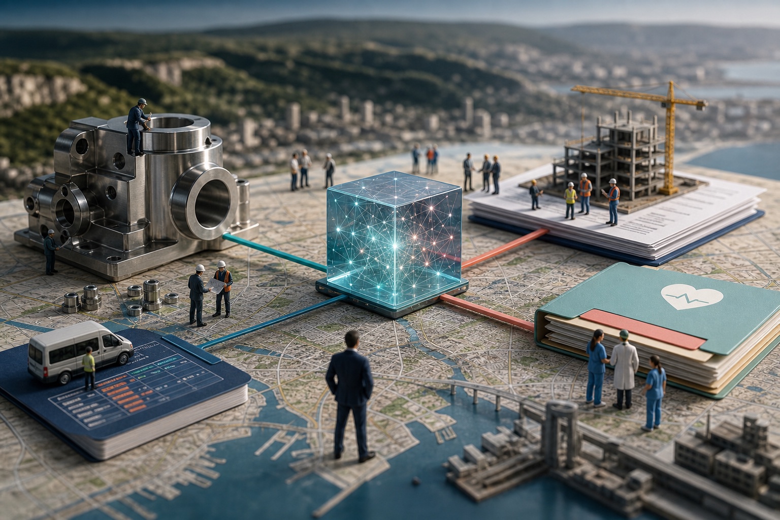 Tiny Hamilton teams connecting an illuminated AI cube among industrial equipment, healthcare information and escarpment maps