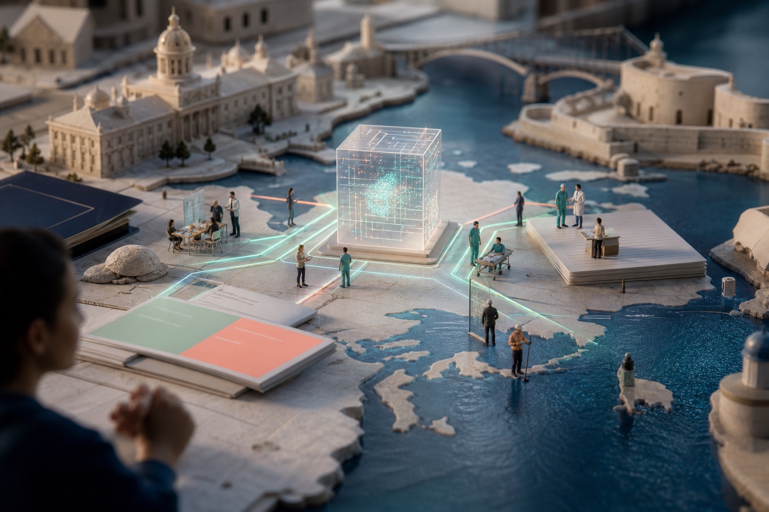 Tiny Kingston teams connecting an illuminated AI cube across limestone architecture, waterfront maps and service documents