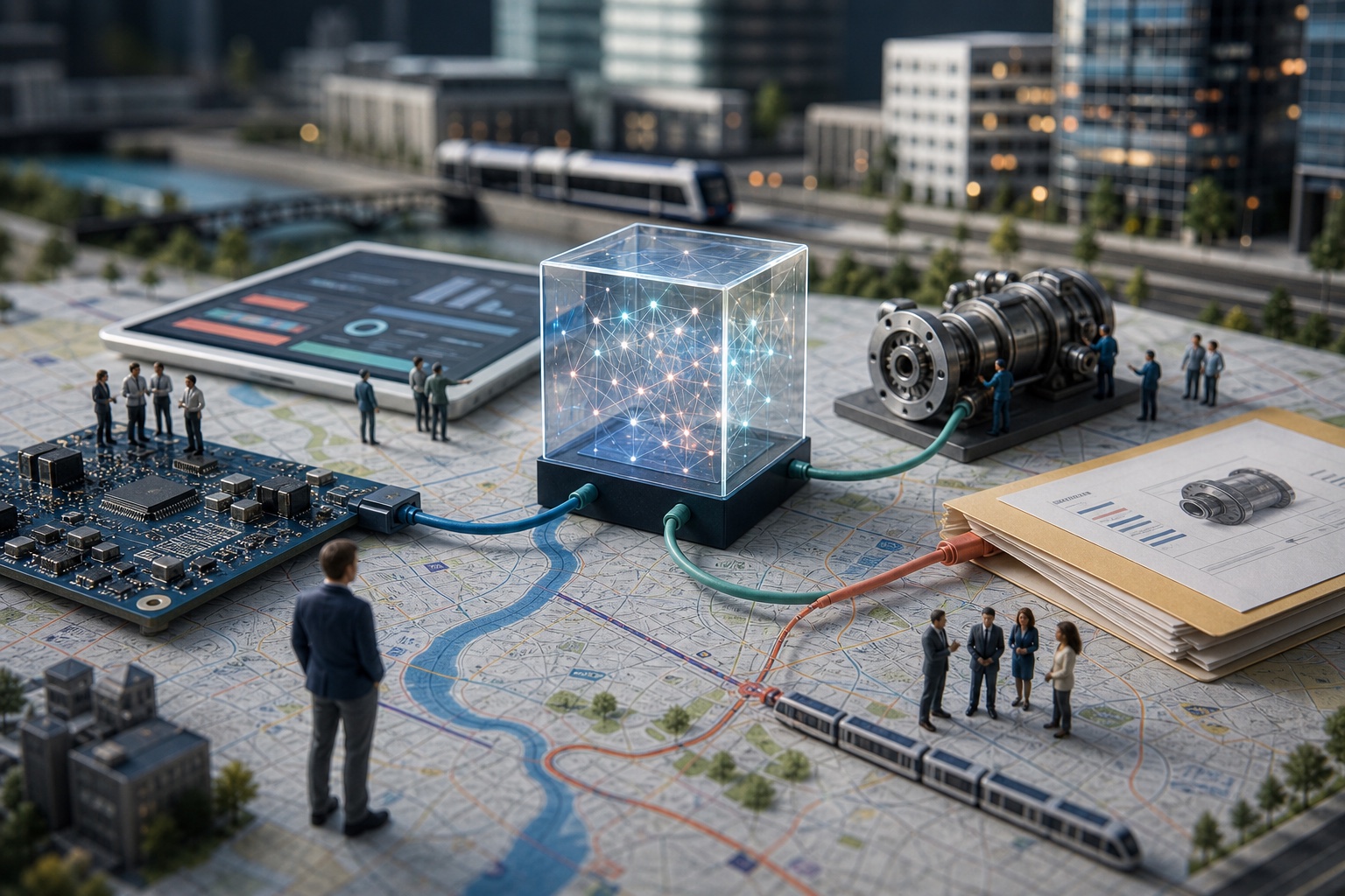 Tiny Kitchener-Waterloo teams connecting an illuminated AI cube among software interfaces, manufacturing components and a regional map