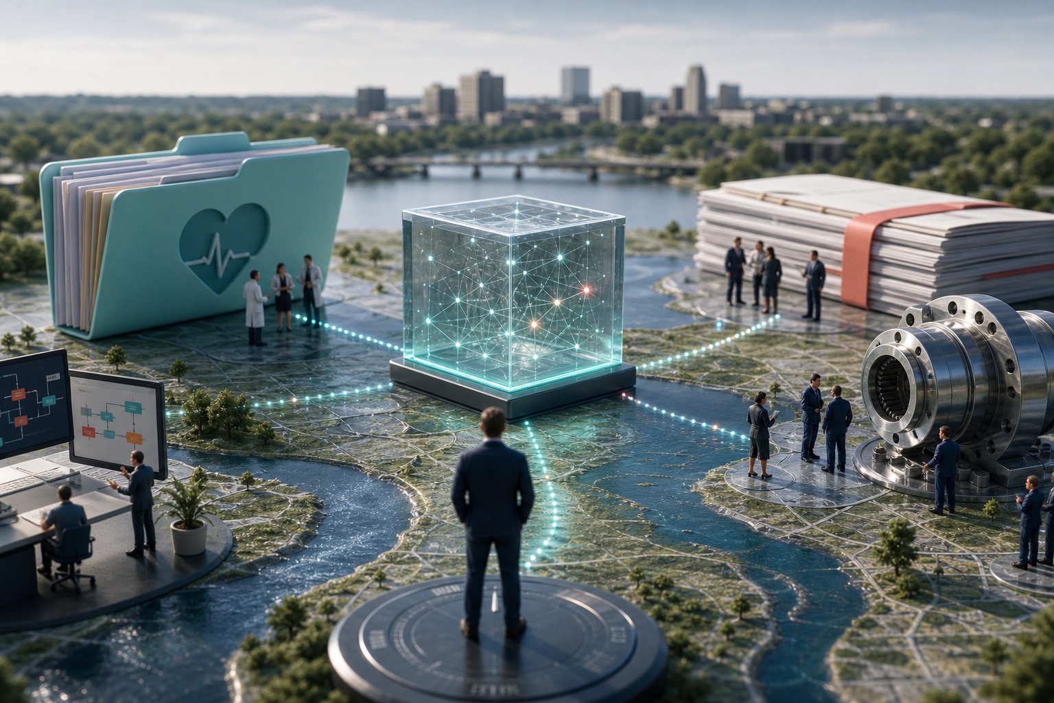 Tiny London Ontario teams connecting an illuminated AI cube among healthcare, insurance and manufacturing documents