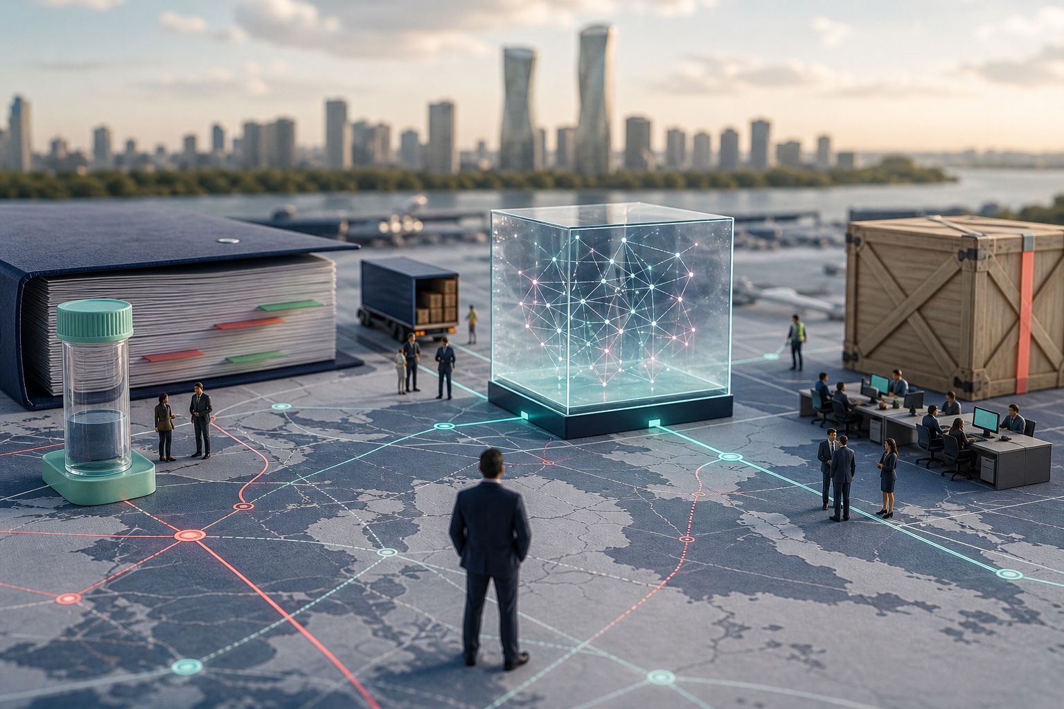 Tiny Mississauga teams connecting an illuminated AI cube across logistics routes, corporate documents and product information