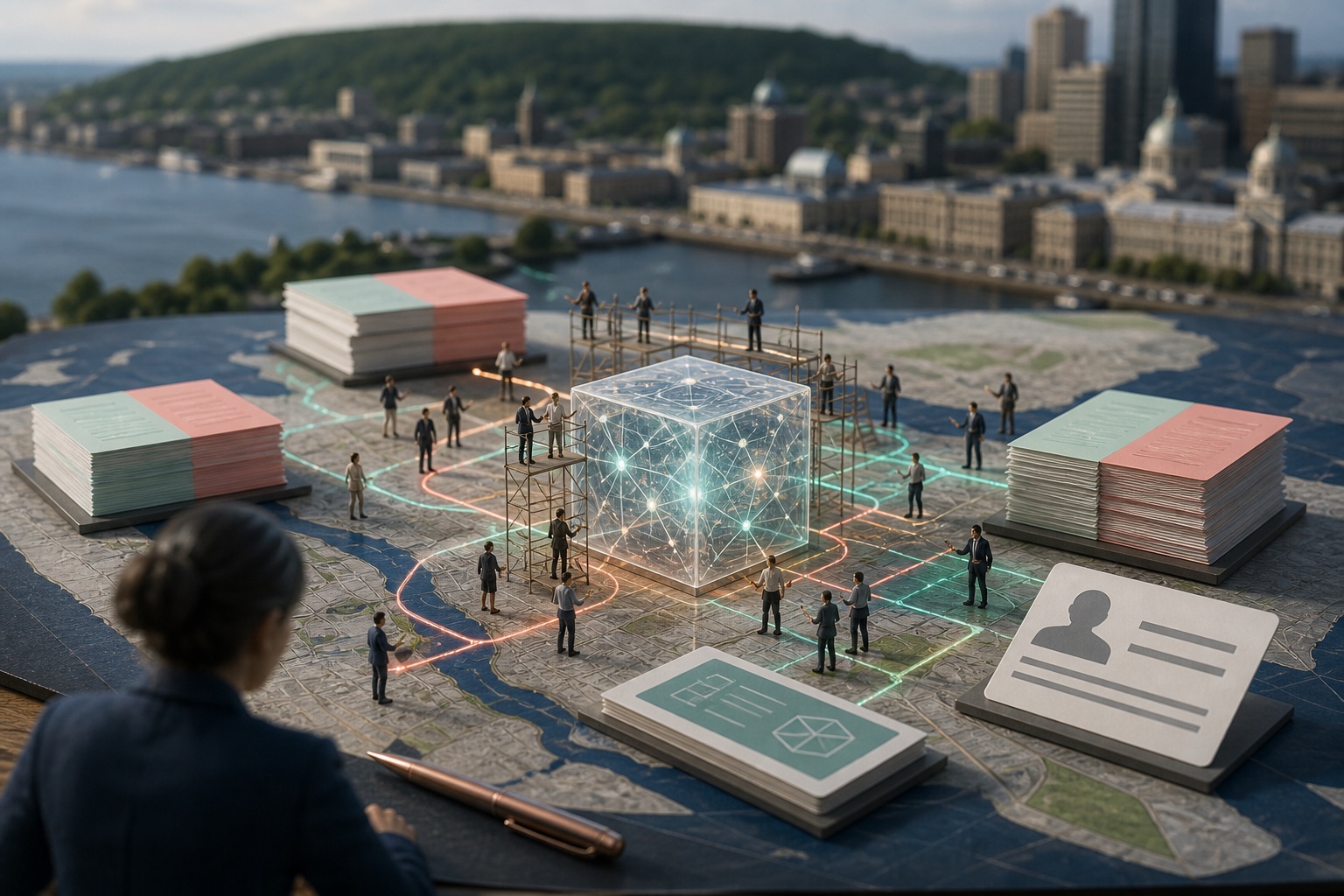 Tiny Montreal business teams using an illuminated AI cube among bilingual documents, stone architecture and a city map