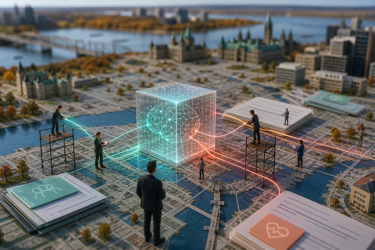 Tiny business teams connecting an illuminated AI cube on an Ottawa map near Parliament Hill and the region's waterways