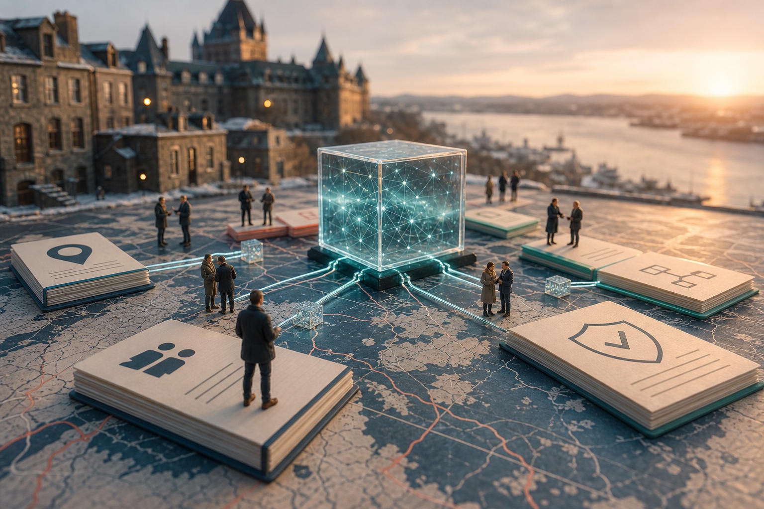 Des professionnels miniatures analysant un parcours d’intelligence artificielle inspiré de Québec