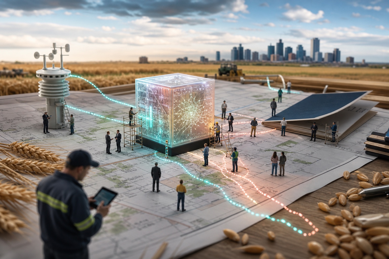 Tiny Regina business teams connecting an illuminated AI cube across prairie maps, agricultural records and service documents