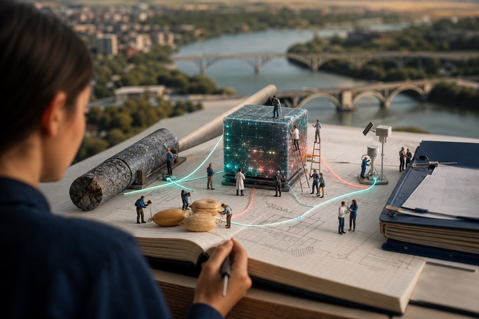 Tiny Saskatoon teams using an illuminated AI cube beside agricultural technology, mining records and a river map