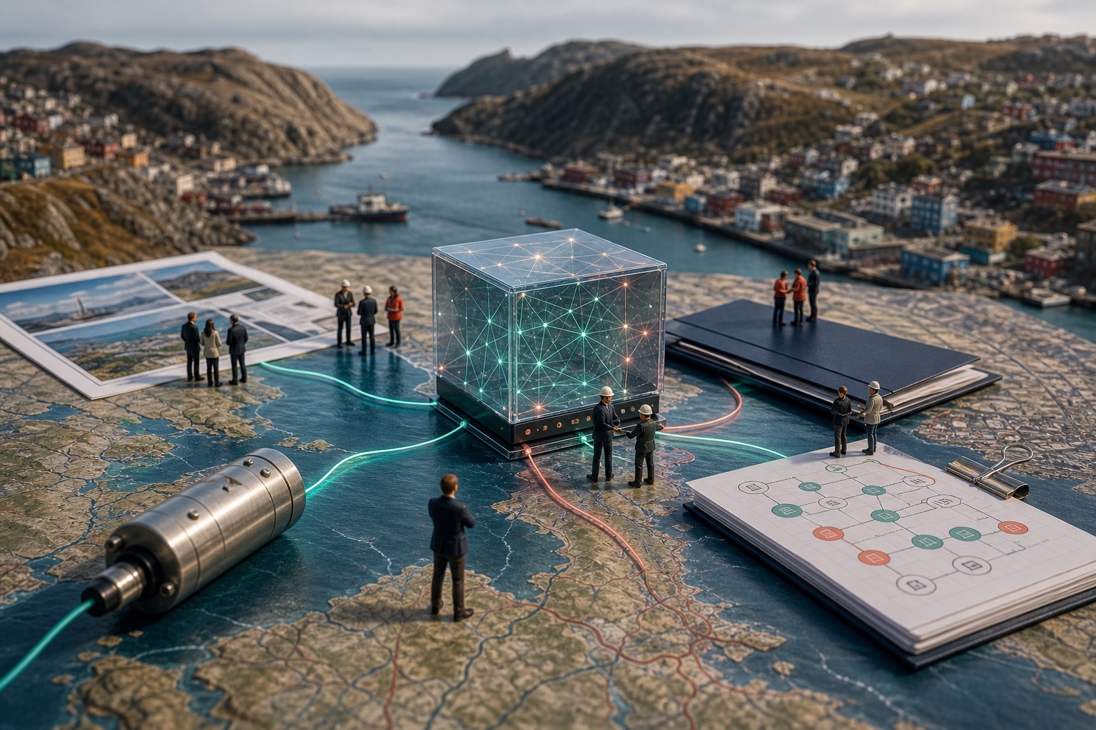 Tiny St. John's teams connecting an illuminated AI cube across ocean technology, energy and tourism documents above a rugged harbour
