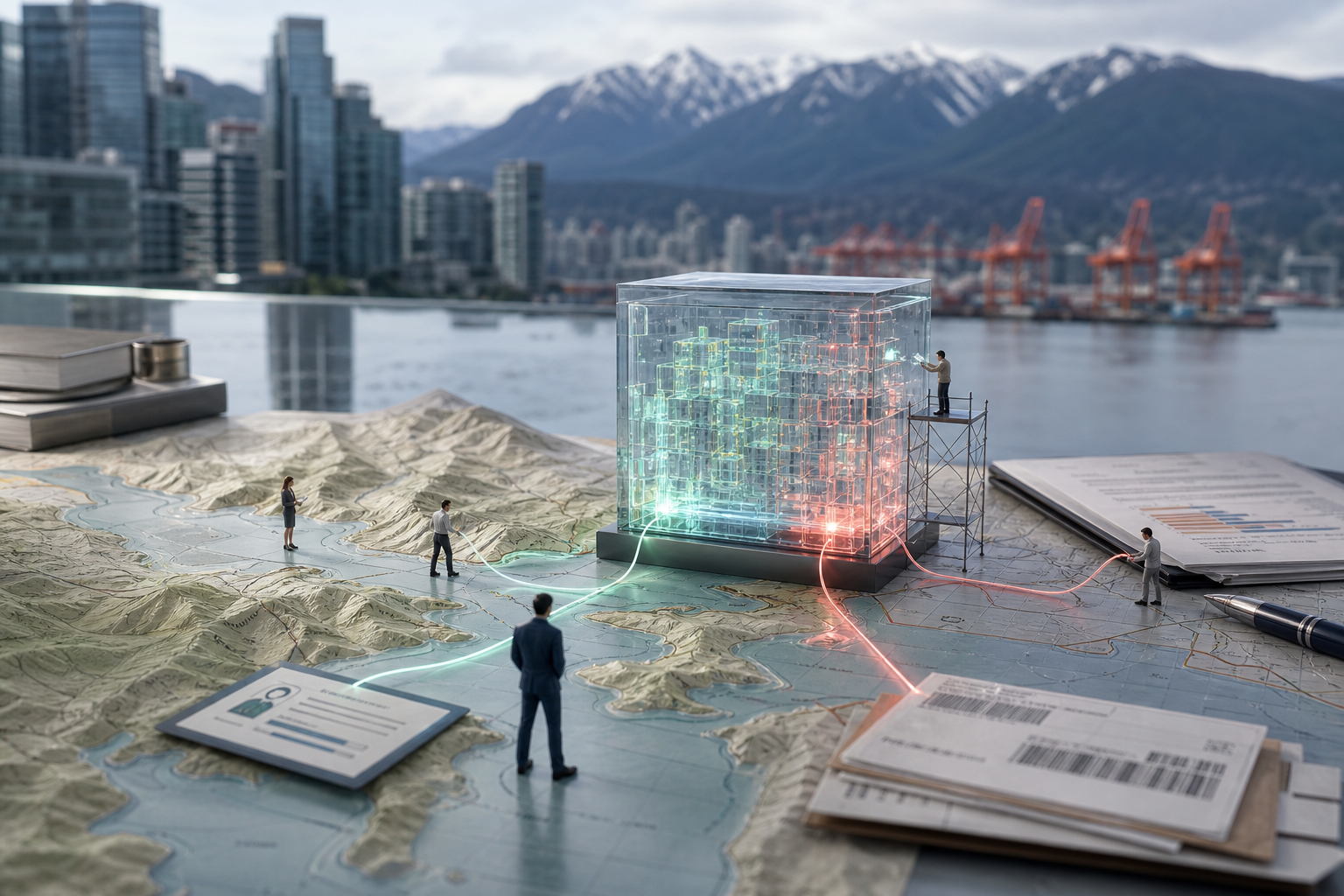 Tiny business teams connecting an illuminated AI cube on a Vancouver harbour map, with the North Shore mountains and port beyond