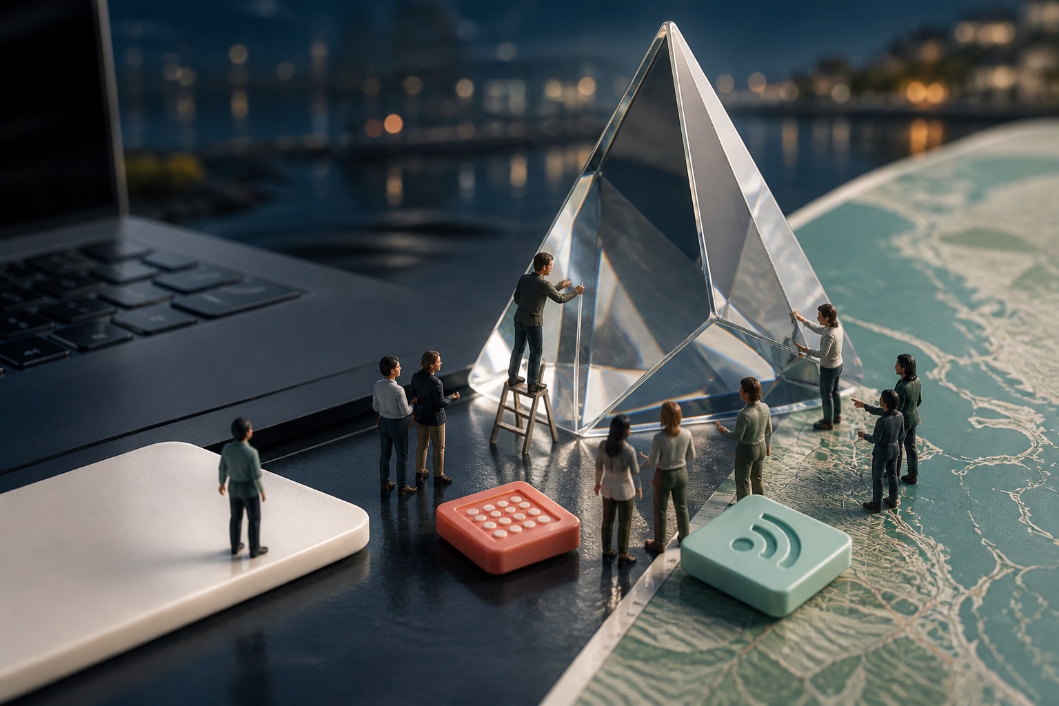 Tiny Vancouver teams organizing customer questions and business information beside a coastal map