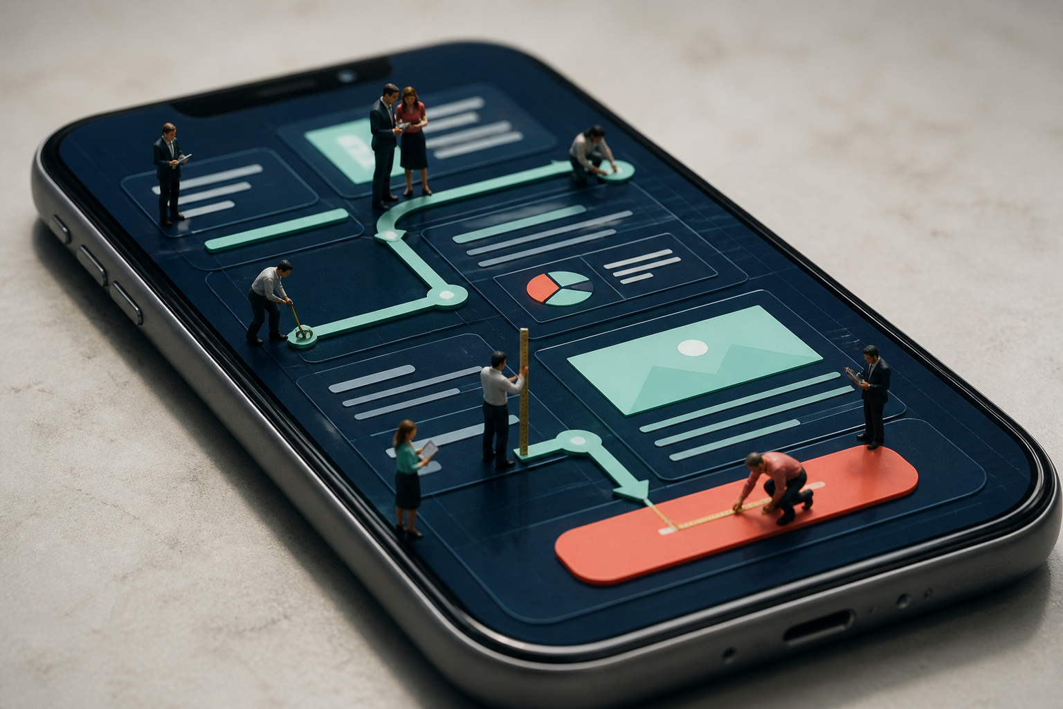 Tiny website testers measuring interface pathways across a giant smartphone