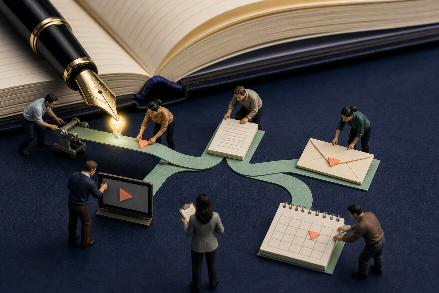 Tiny editorial teams routing one idea from a giant fountain pen into pages, email, video and calendar formats