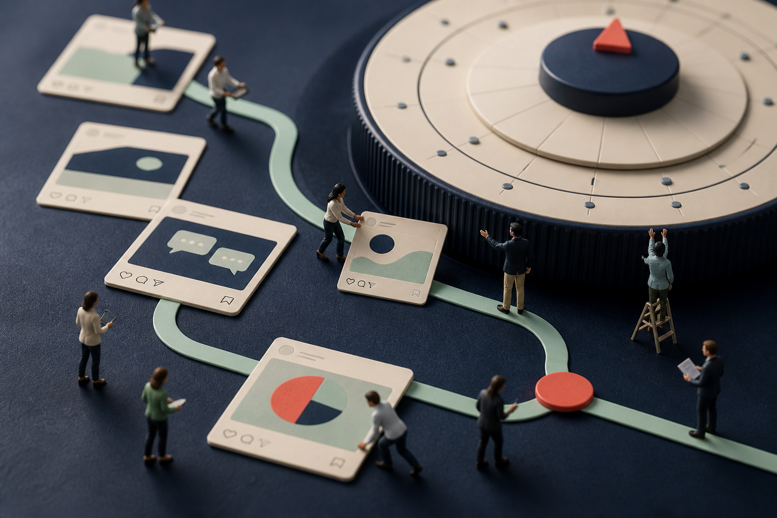 Tiny social media planners arranging post cards around a giant campaign calendar dial