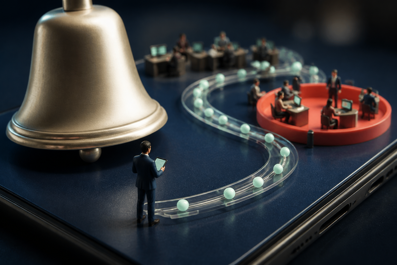Tiny community managers guiding mint signals from a giant notification bell into a response hub