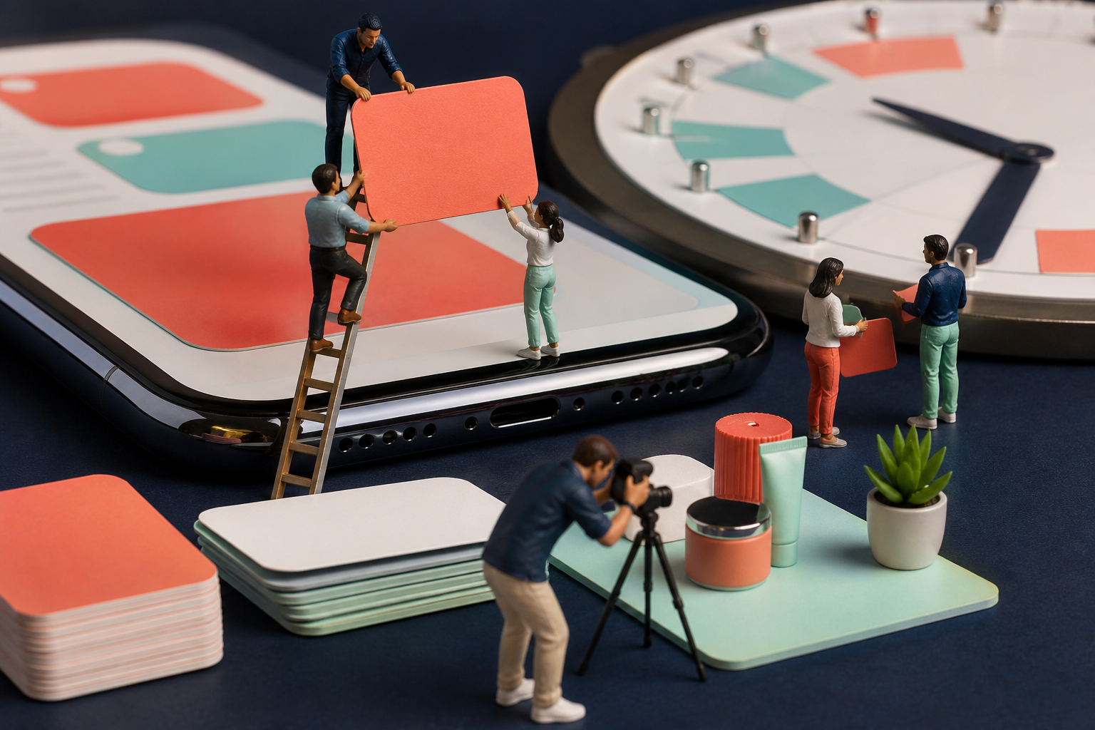 Tiny social media strategists arranging large content cards around a giant smartphone and calendar dial