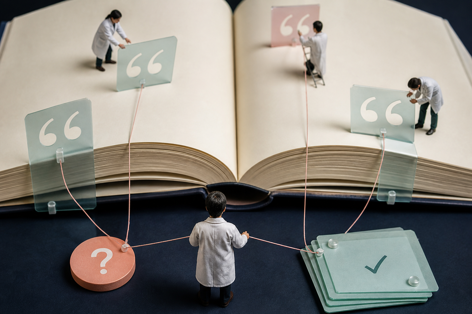 Tiny answer engineers connecting a giant reference book to transparent quotation panels