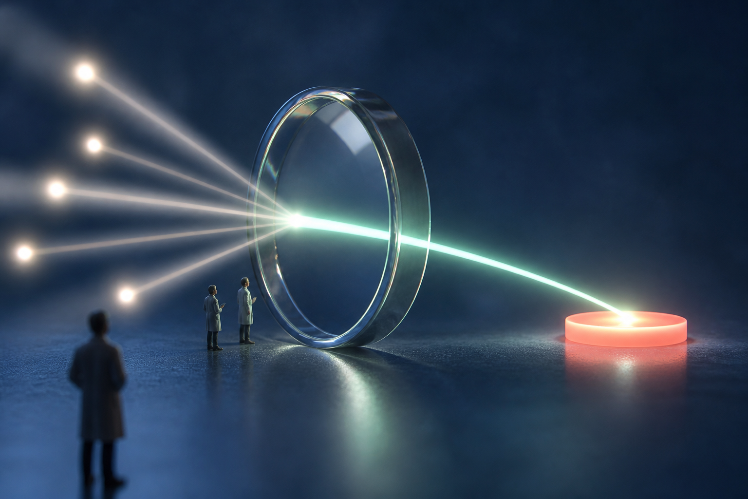 Tiny answer specialists watching question signals focus through a giant glass lens