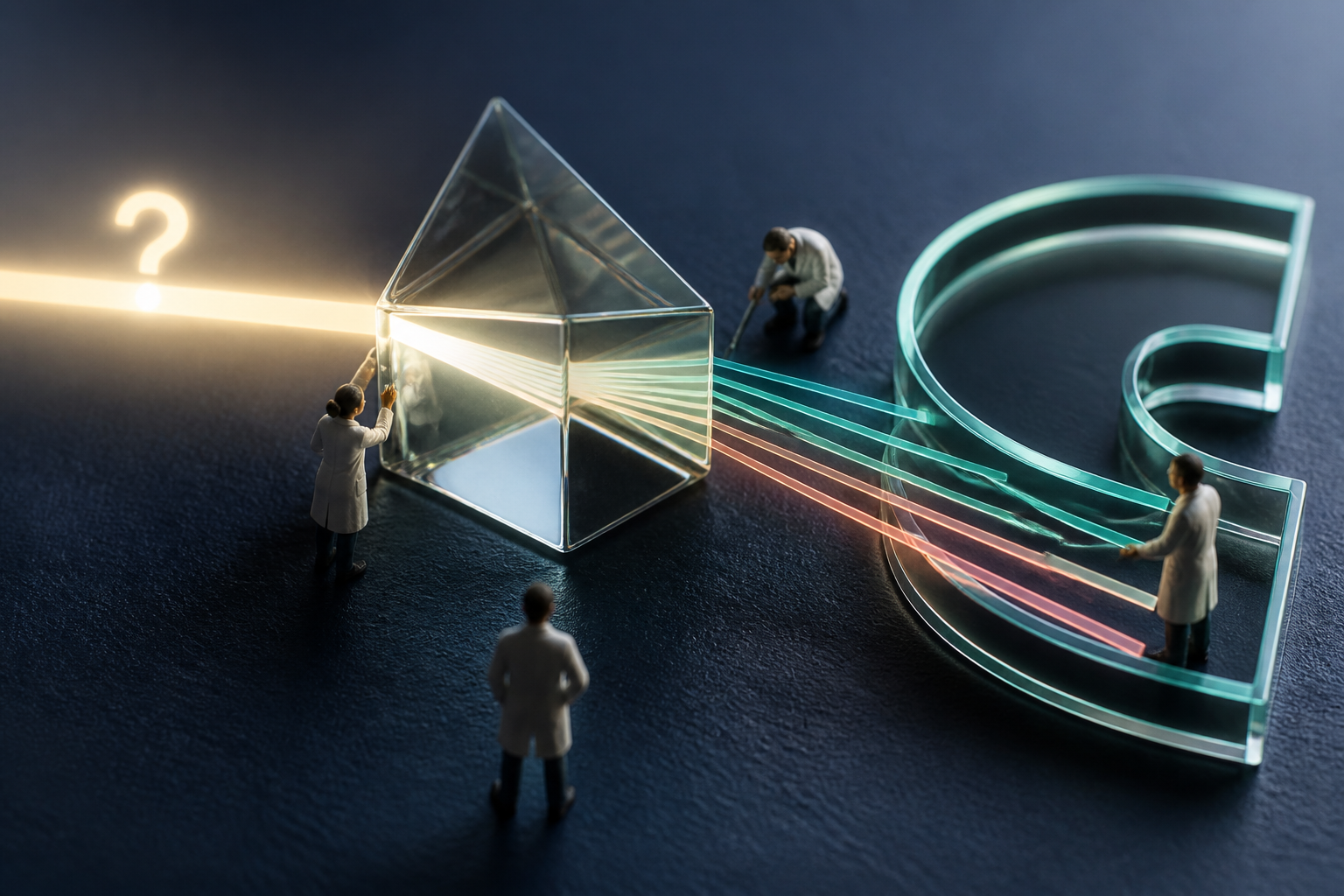 Tiny answer-engine specialists directing question light through a giant glass prism into organized answer signals