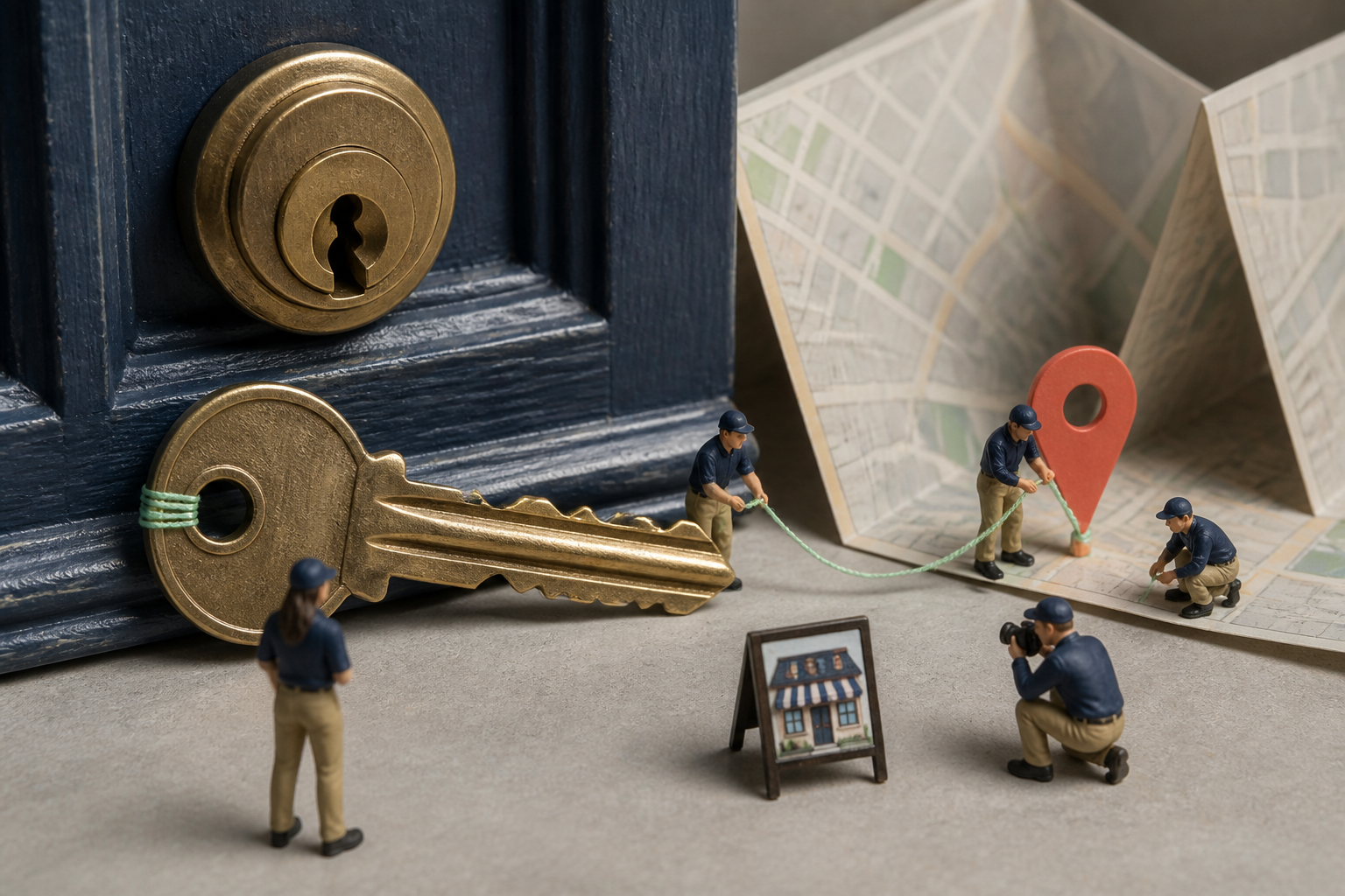 Tiny local search specialists connecting a giant storefront key to a folded city map