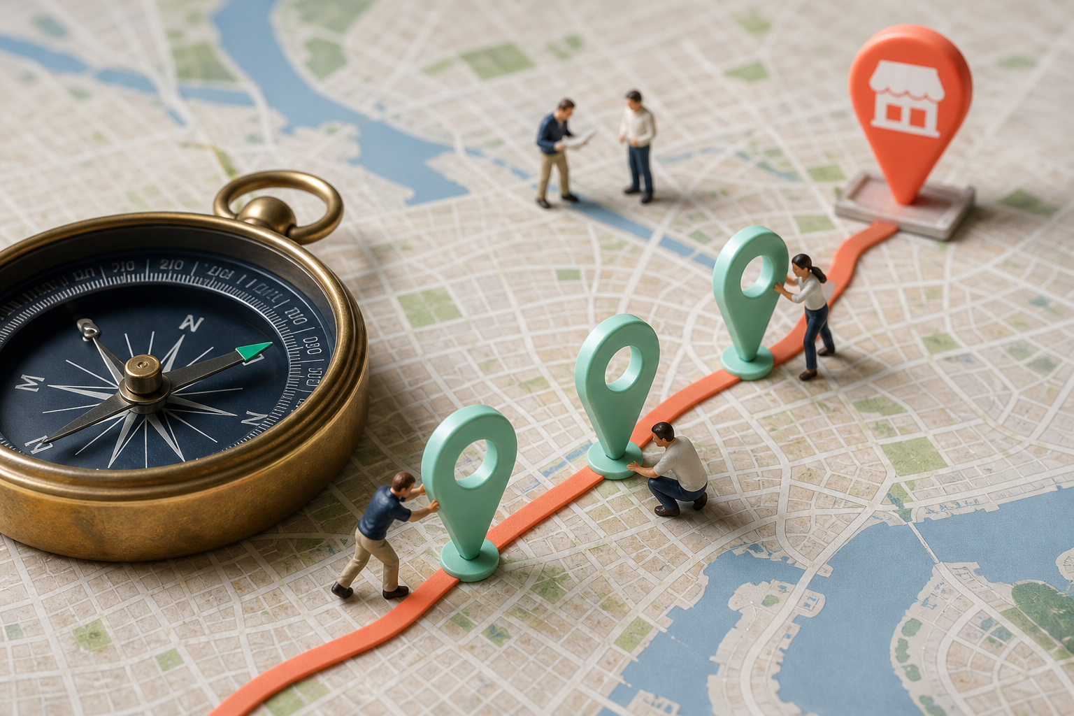 Tiny local marketers placing mint location markers along a route beside a giant compass