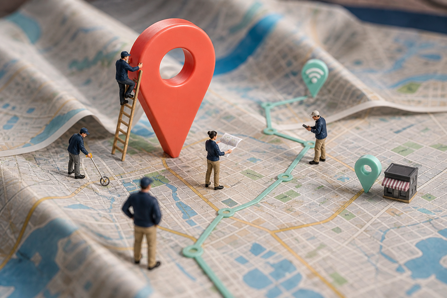 Tiny local SEO specialists mapping routes around a giant coral location marker on a folded city map
