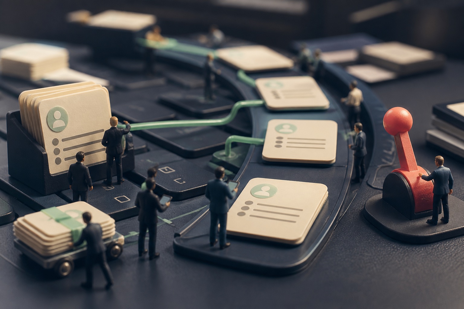 Tiny sales operations workers assembling giant customer records on a keyboard and pipeline track