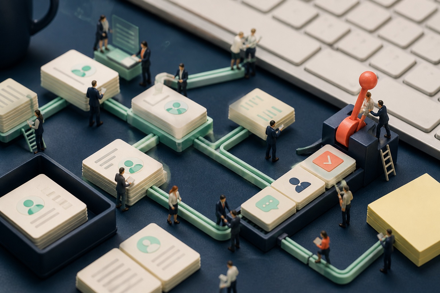 Tiny sales operations team connecting giant contact cards, notes and tasks