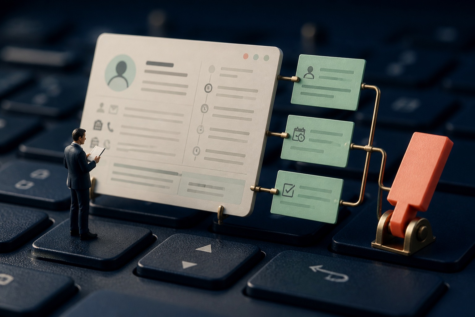 Tiny salesperson reviewing a complete giant customer record with a clear next action