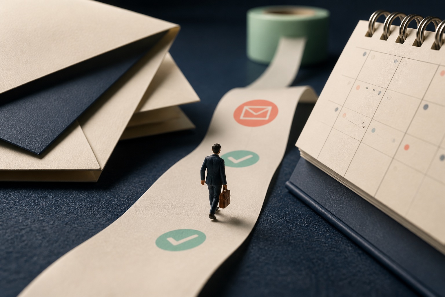 Tiny account manager following a giant reminder ribbon between envelope and calendar objects