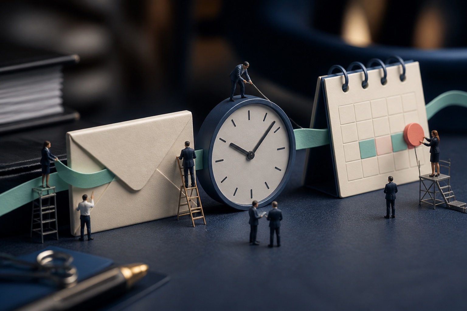 Tiny account team assembling giant envelopes, clocks and calendars into a follow-up path